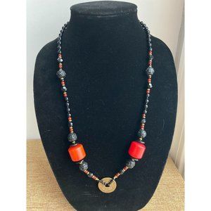 Lucky Coin Prosperity Necklace w Red Garnet, Bakelite? & Glass